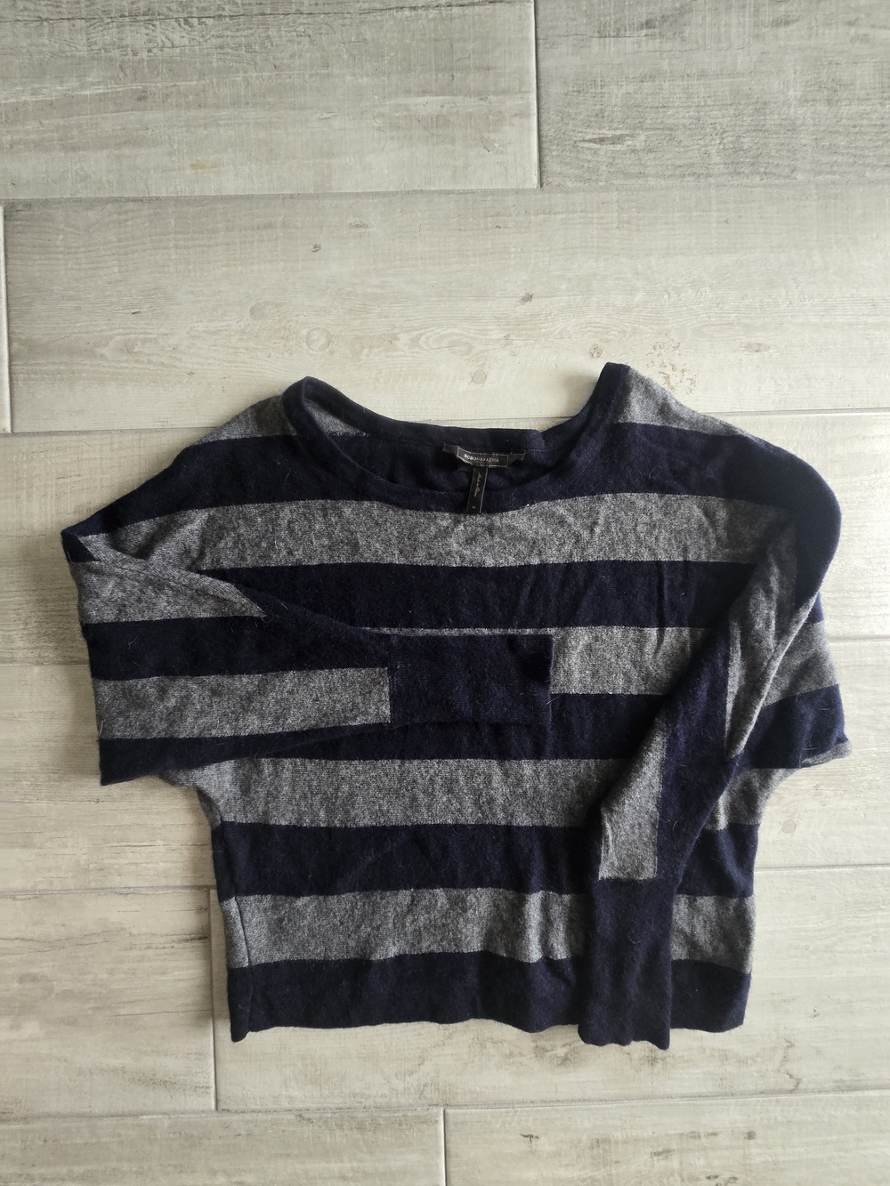 BCBGMaxAzria Navy and Gray Striped Crewneck Sweater